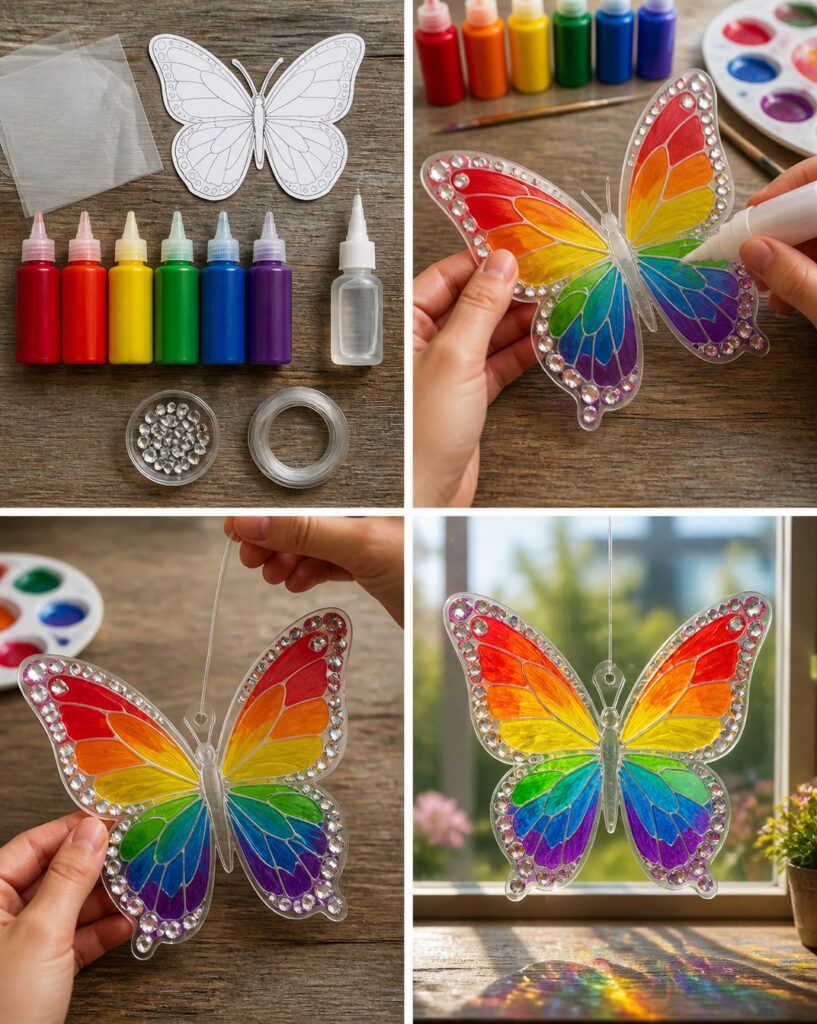 Rainbow crystal butterfly suncatcher shown in four steps: supplies, painting, the finished butterfly, and hanging in a sunny window