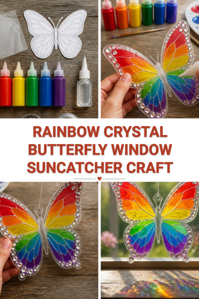 Step-by-step collage of the rainbow crystal butterfly window suncatcher craft, from template and paints to the finished suncatcher hanging in a window